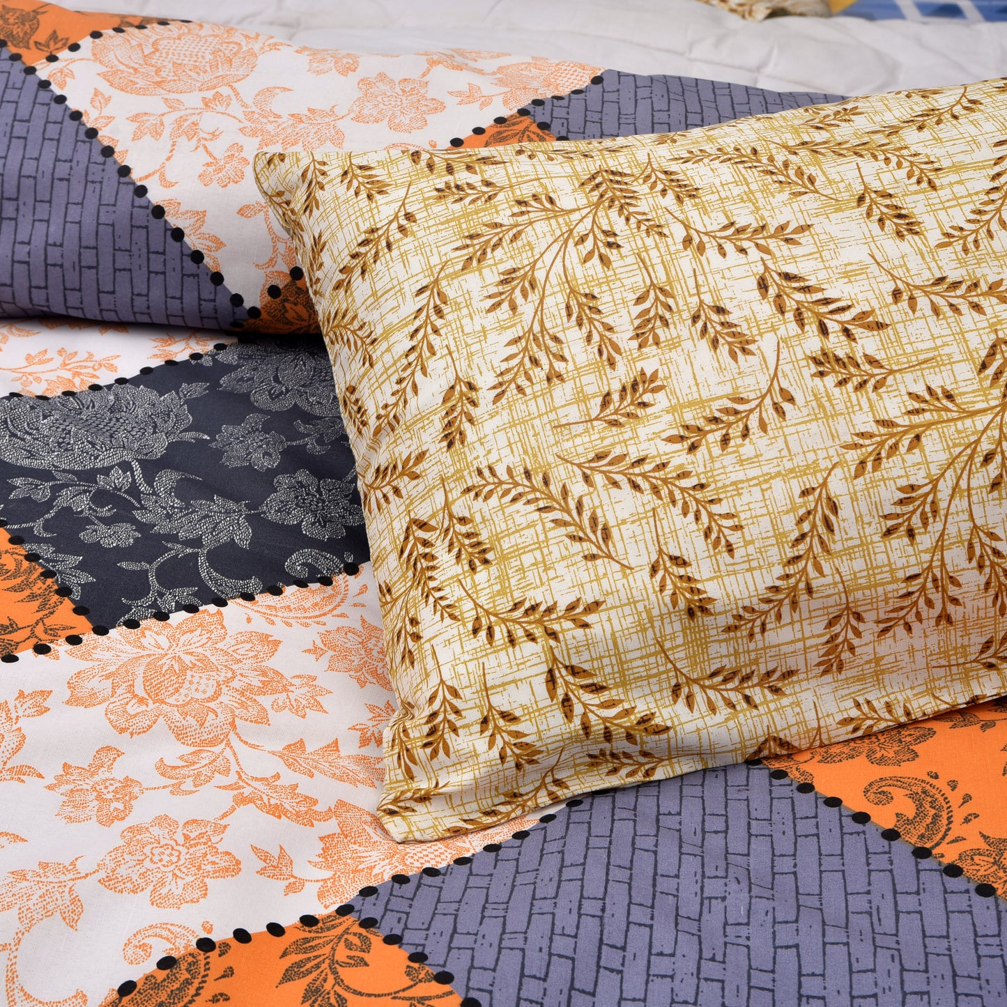 Elegant Floral Patchwork Bedsheet Set – Orange, Grey
