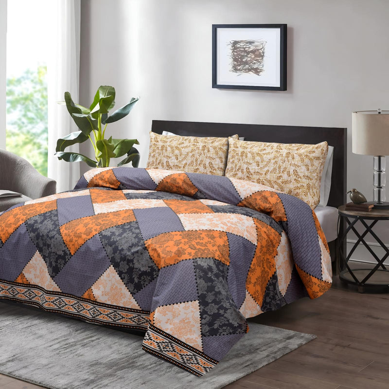 Elegant Floral Patchwork Bedsheet Set – Orange, Grey