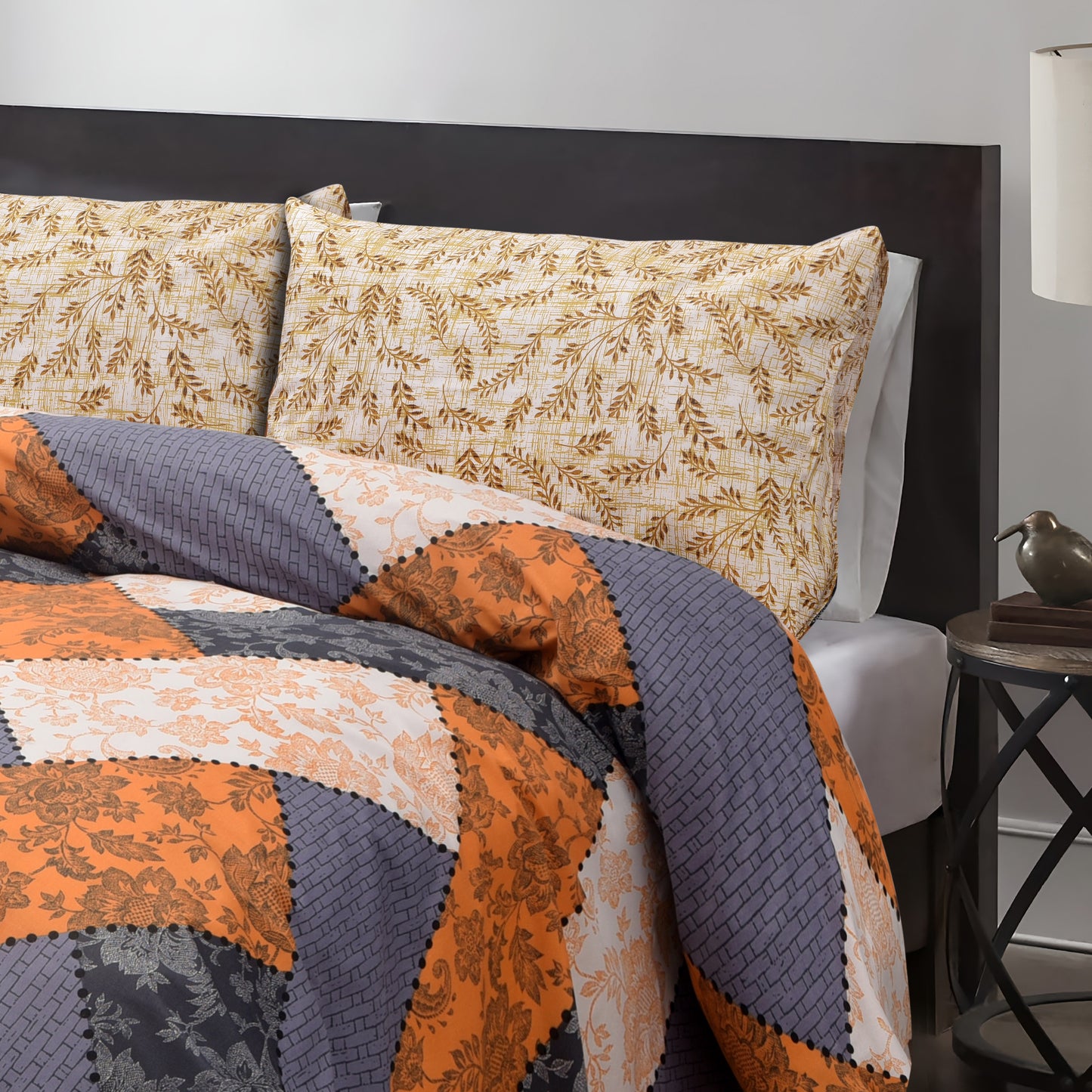 Elegant Floral Patchwork Bedsheet Set – Orange, Grey