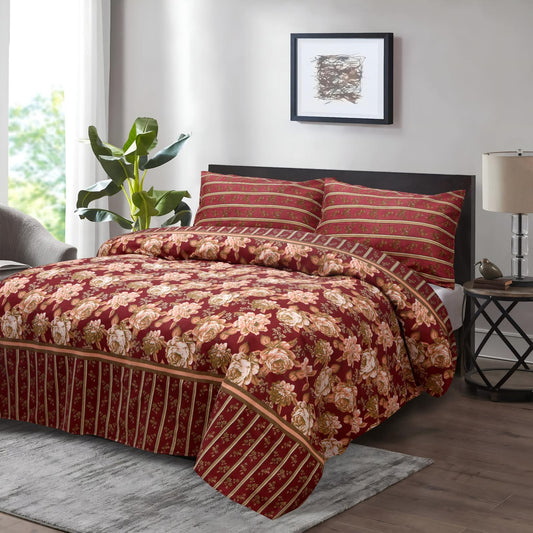 Classic Floral Elegance Bedsheet Set – Deep Red & Beige