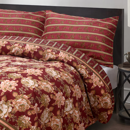 Classic Floral Elegance Bedsheet Set – Deep Red & Beige