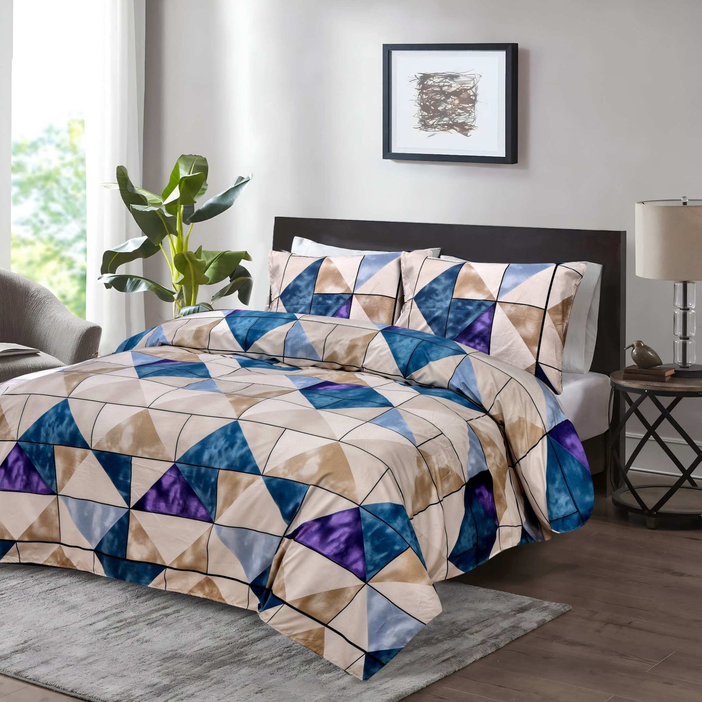 Modern Geometric Blue Printed Bed Set – Luxury Bedding