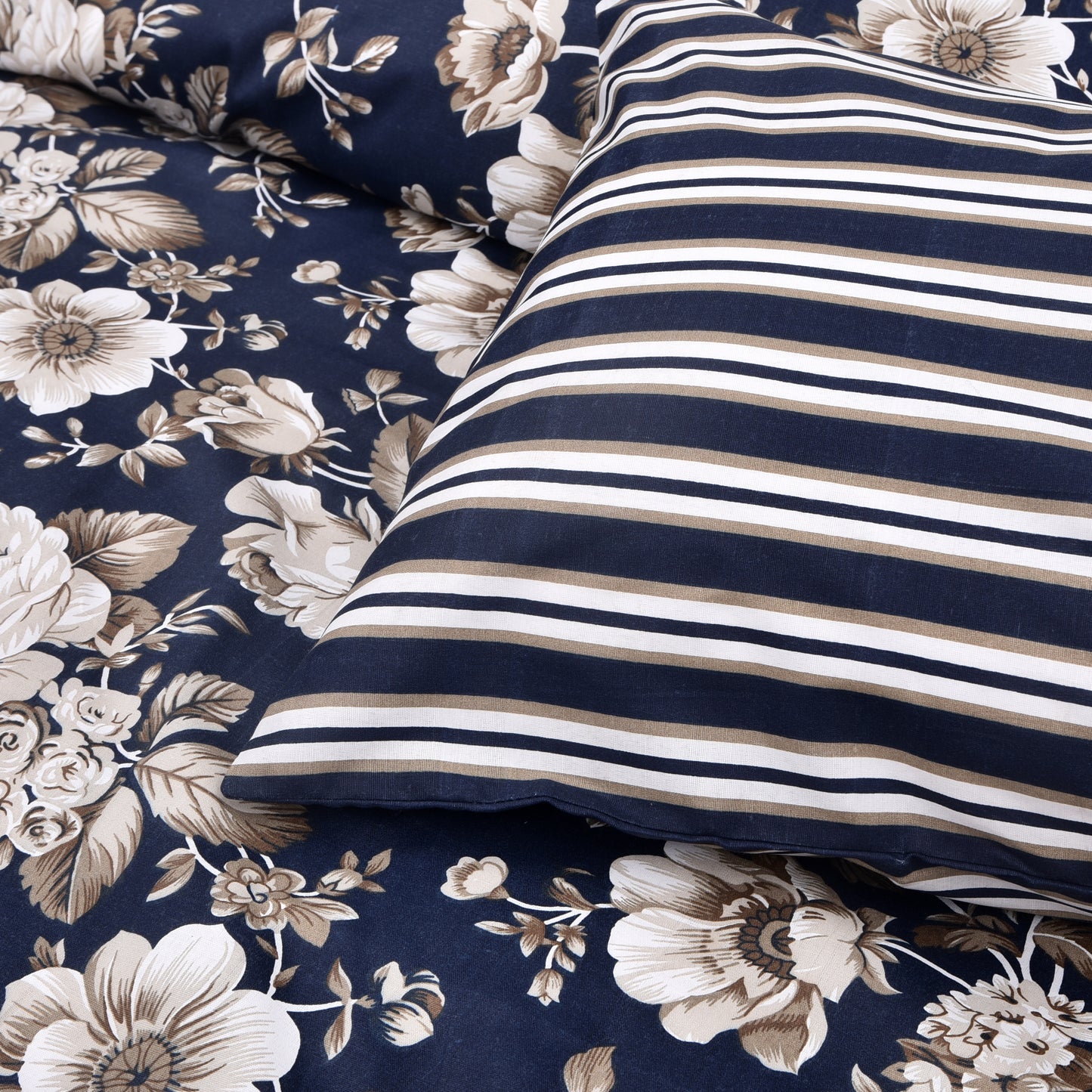 Elegant and Beautiful Navy Floral print & Stripe Bedding