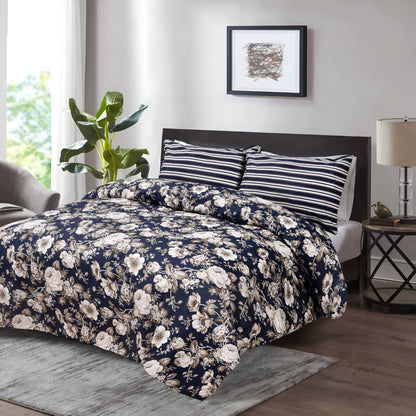 Elegant and Beautiful Navy Floral print & Stripe Bedding